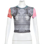 Damen Crop-Top mit kunstvollem Geldmotiv und farbenfrohem Ärmeldesign R&B