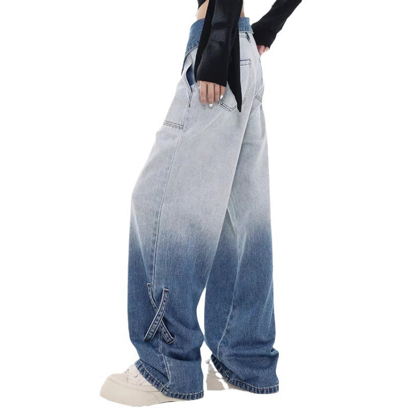 Damen Weite Denim-Jeans mit einzigartigem Farbverlauf und modischen Akzenten R&B