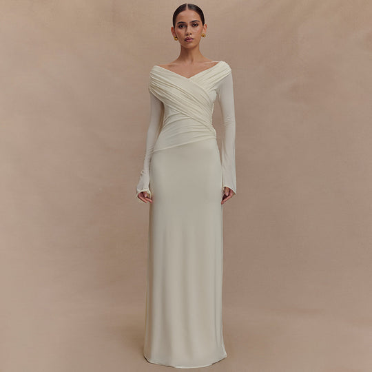 Damen elegantes Maxikleid mit off-shoulder Design und Wickeldetails R&B