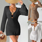 Damen gehäkeltes Strandkleid mit elegantem V-Ausschnitt und langen Ärmeln R&B