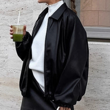 Damen modische Kunstlederjacke im lässigen Oversized-Schnitt R&B