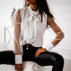 Damen Bluse mit transparenten Puffärmeln und filigranem Schleifen-Detail R&B