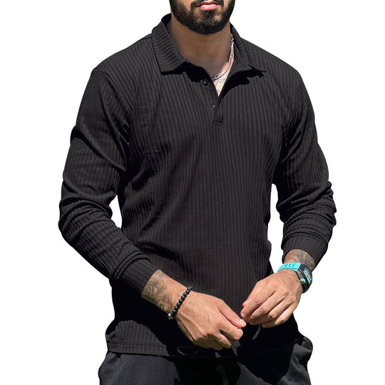 Herren nan geripptes Langarm-Polo mit Strukturstrick und Halbknopfleiste R&B