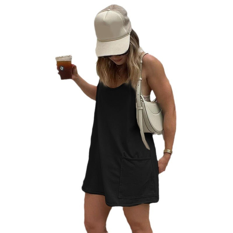 Damen ärmelloses Freizeitkleid mit Taschen und verstellbaren Trägern R&B