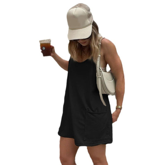 Damen ärmelloses Freizeitkleid mit Taschen und verstellbaren Trägern R&B