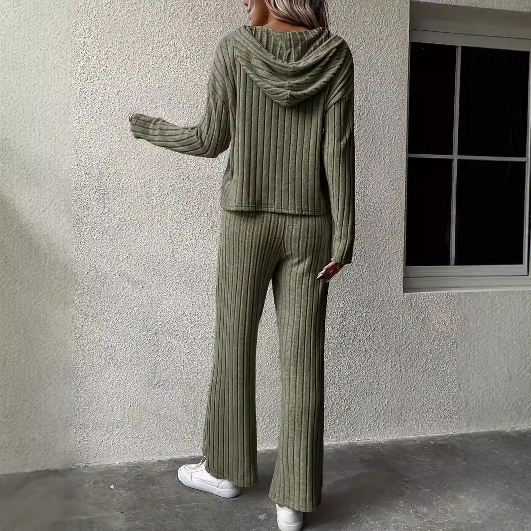 Damen lässiges Strickset mit weichem Hoodie und weiten Hosen R&B