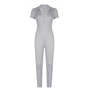 Damen Kurzarm Jumpsuit mit modernem Polokragen und figurbetontem Schnitt R&B