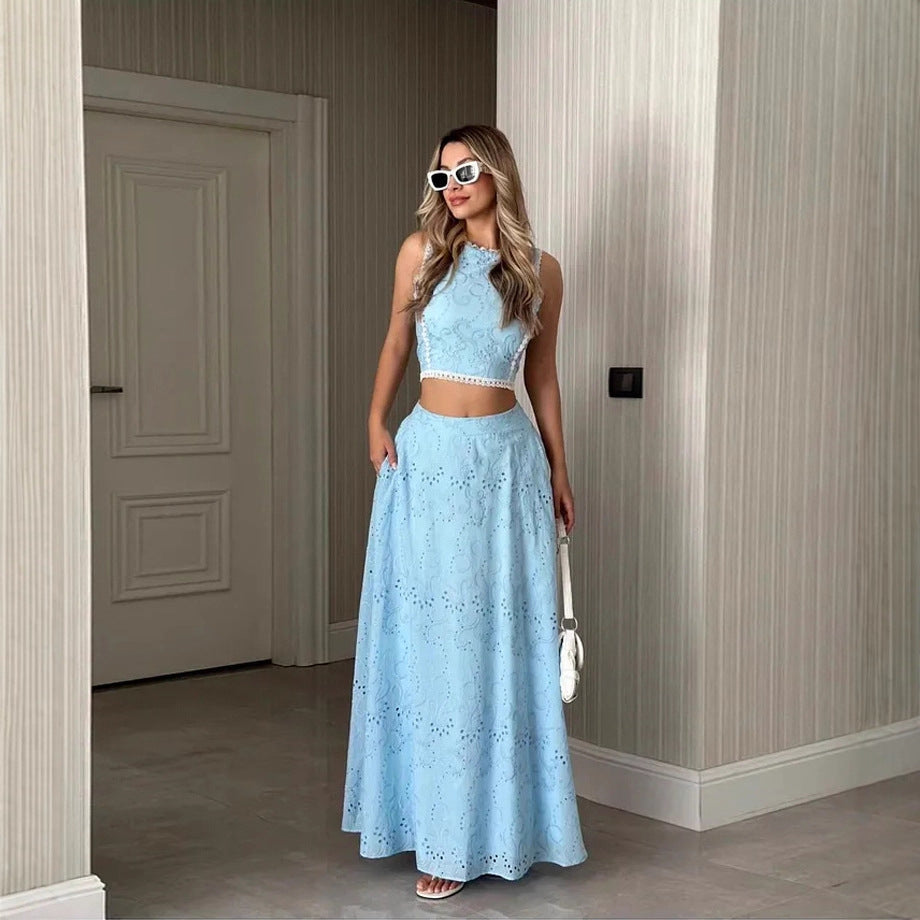 Damen Maxikleid mit filigranem Lochstickmuster und modischem Crop-Oberteil R&B