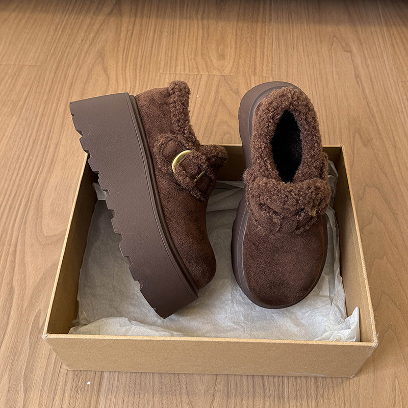 Damen Plüschige Slipper mit robustem Plateau und eleganter Schnalle R&B
