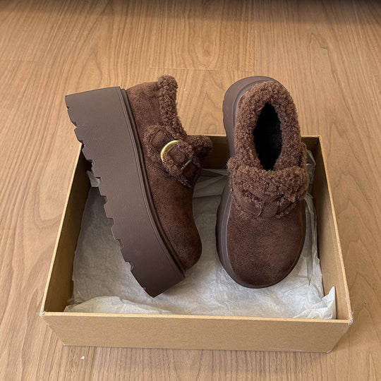 Damen Plüschige Slipper mit robustem Plateau und eleganter Schnalle R&B