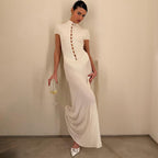 Damen Elegantes Maxikleid mit kurzer Knopfleiste und transparentem Stoff R&B