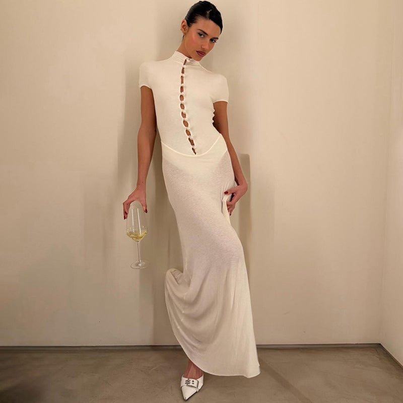 Damen Elegantes Maxikleid mit kurzer Knopfleiste und transparentem Stoff R&B