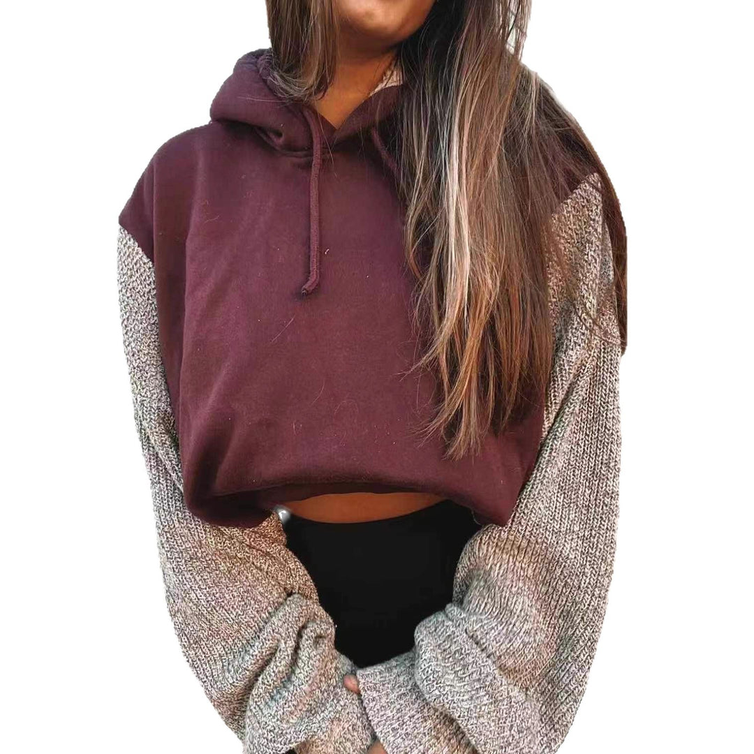 Damen nan Kapuzen-Cropped-Pullover mit weitgeschnittenen Strickärmeln und Kordelzug R&B