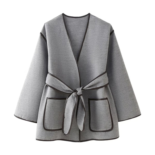 Damen elegante Wickeljacke mit praktischen Taschen R&B