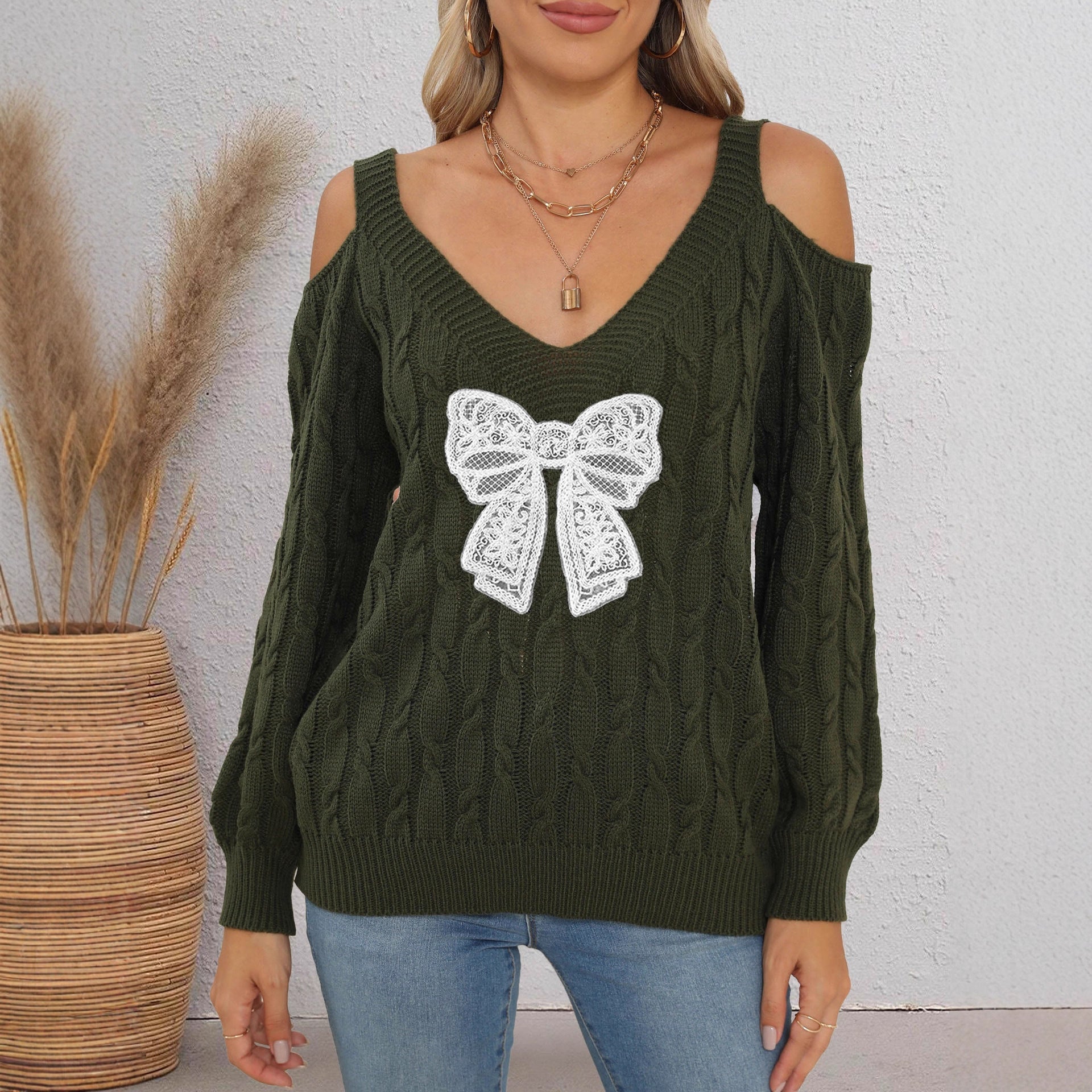 Damen modischer Pullover mit verspielt eingestricktem Schleifenmotiv R&B