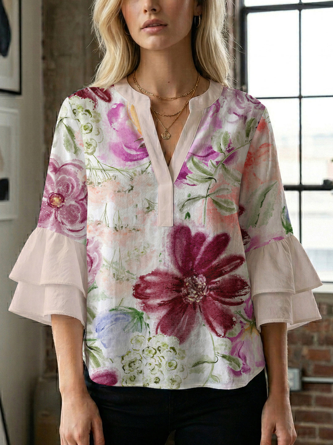 Damen Bluse mit voluminösen Ärmeln und floralem Design R&B