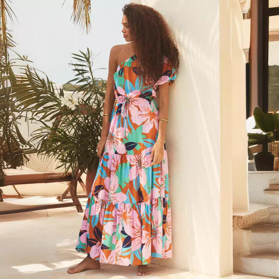 Damen Maxikleid mit raffiniertem One-Shoulder-Design und voluminösem Saum R&B