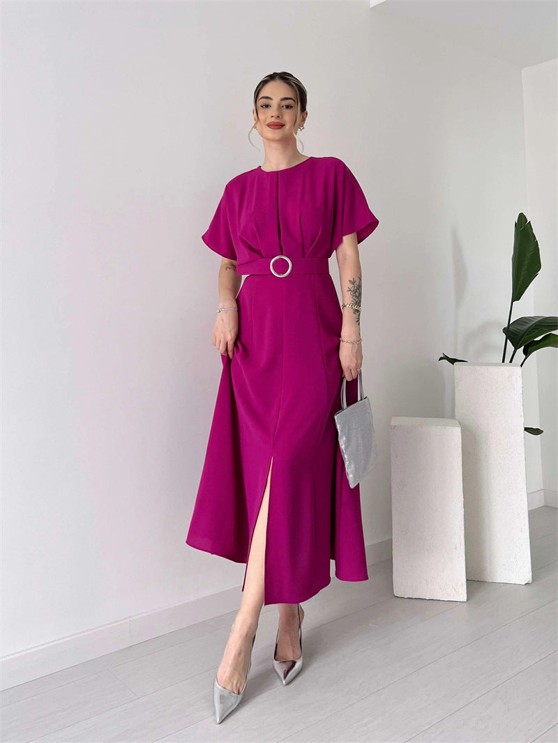 Damen Maxikleid mit Taillengürtel und puffärmeln R&B