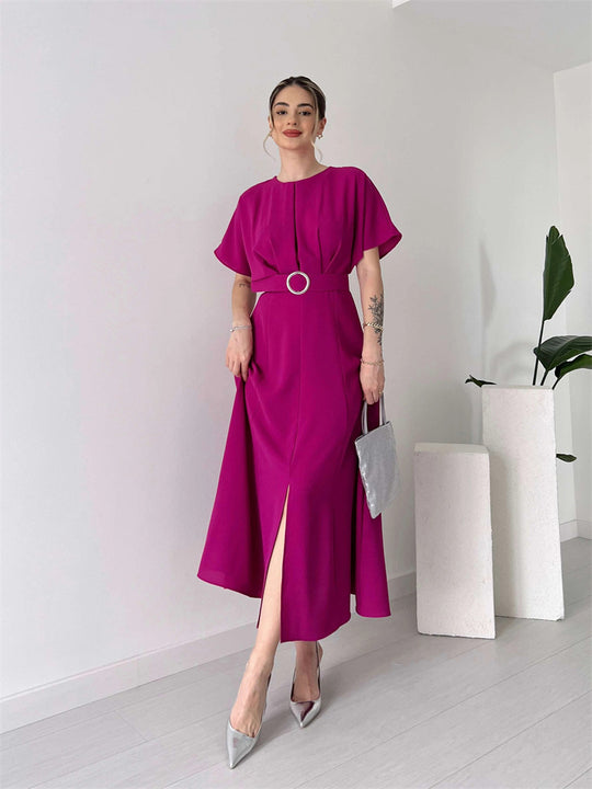 Damen Maxikleid mit Taillengürtel und puffärmeln R&B
