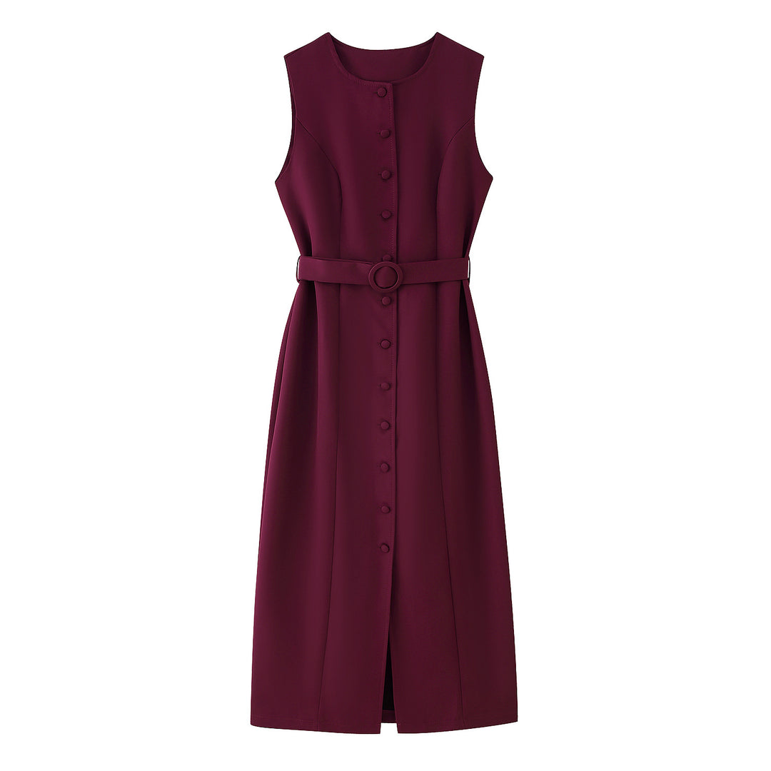 Damen ärmelloses Wickelkleid mit Knopfverschluss und Taillengürtel R&B