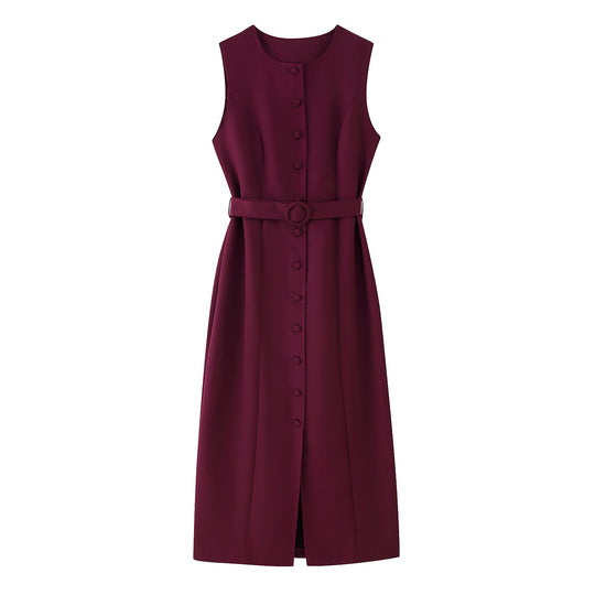 Damen ärmelloses Wickelkleid mit Knopfverschluss und Taillengürtel R&B