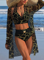 Damen Bikini-Set mit kreativem geometrischen Design und hohem Bund
