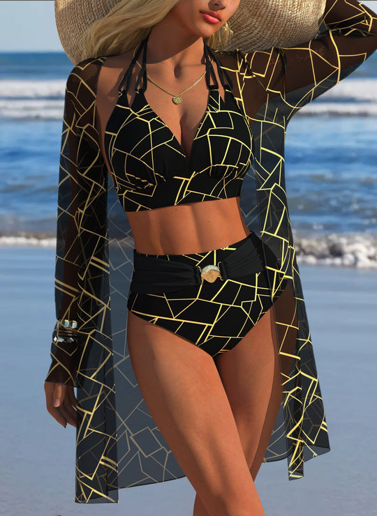 Damen Bikini-Set mit kreativem geometrischen Design und hohem Bund R&B
