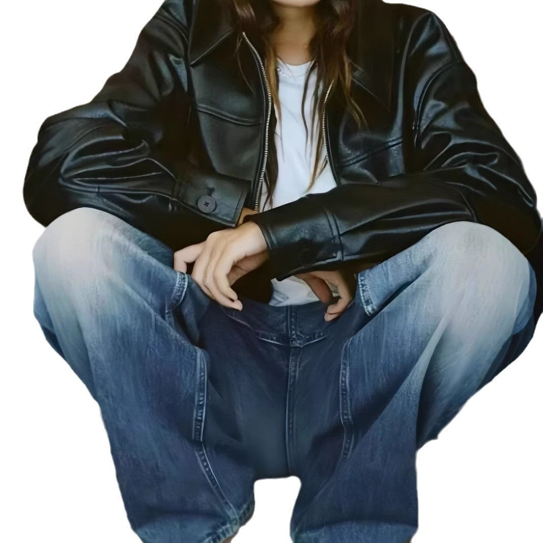 Damen Lässige Kunstlederjacke mit oversized Schnitt und eleganten Details R&B