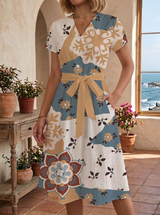 Damen Sommerliches Kleid mit taillierbarem Bindegürtel und floralem Muster R&B