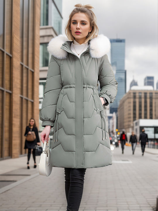 Damen eleganter und isolierter Wintermantel mit abnehmbarem Kunstfellkragen R&B