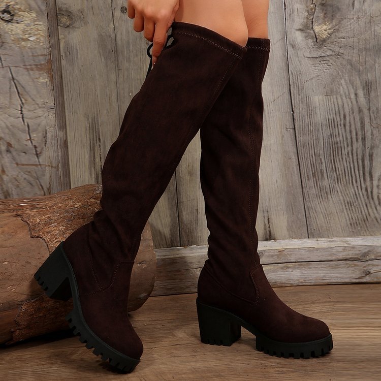 Damen Überknee-Stiefel mit modischem Leopardenmuster und robustem Blockabsatz R&B
