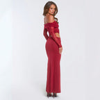 Damen elegantes Off-Shoulder-Maxikleid mit asymmetrischem Schnitt und transparenter Spitze R&B
