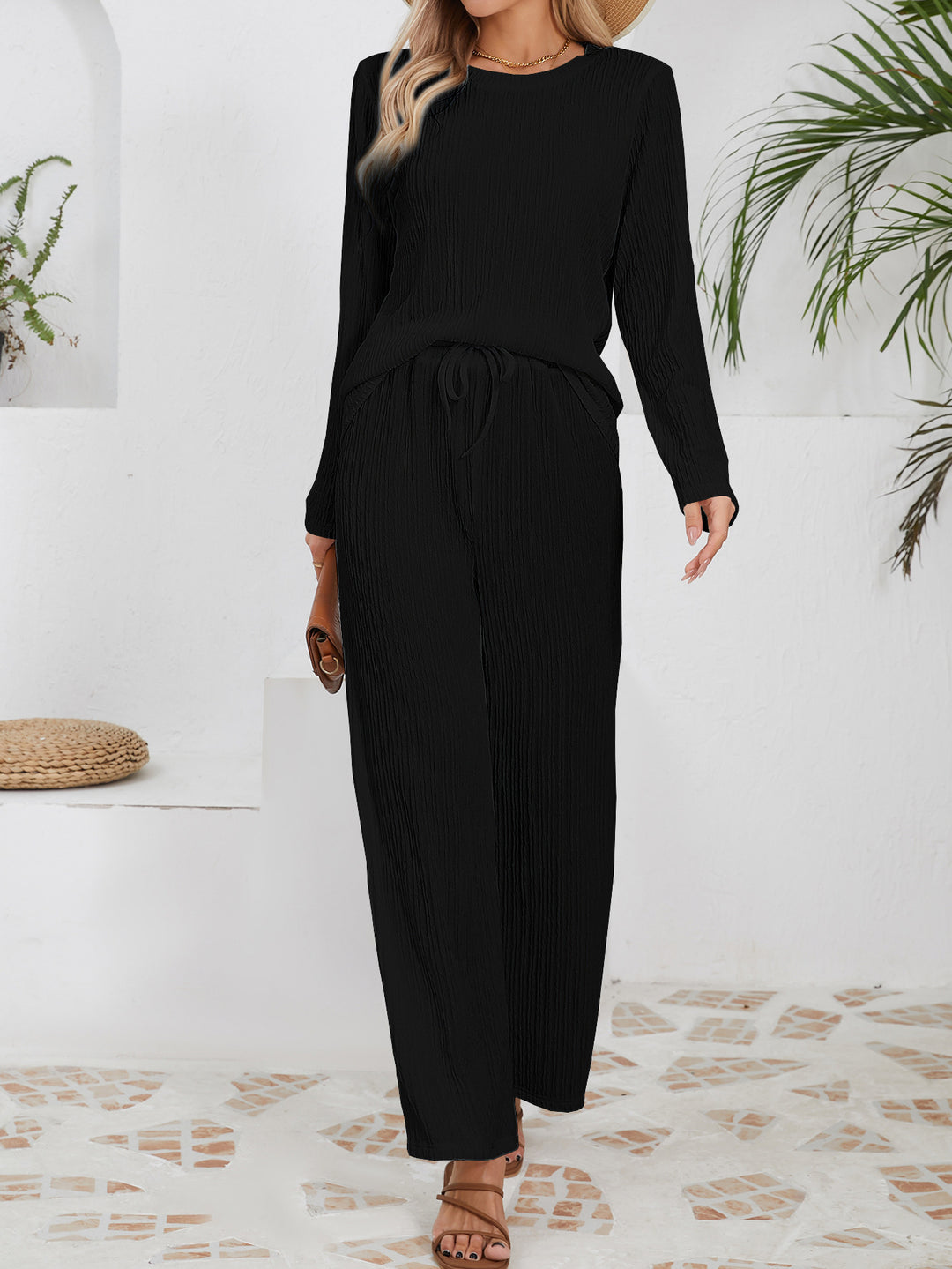Damen Lässiges Lounge-Set aus leichtem Rippmaterial mit elastischem Bund R&B