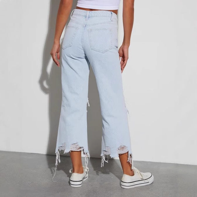 Damen Mom Jeans mit ausgefranstem Saum und Rippen-Details R&B