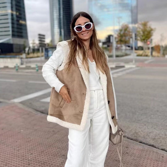 Damen warme Fleece-Weste mit klassischem Kragen und praktischen Taschen R&B