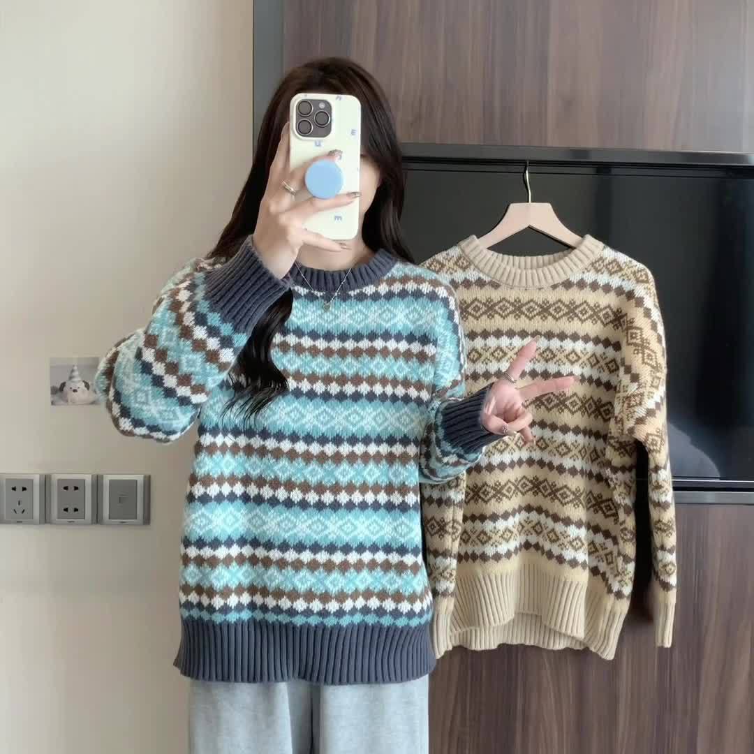 Damen Pullover mit geometrischem Norwegermuster und Lockere Passform R&B