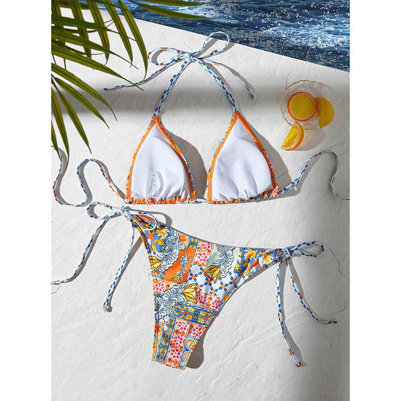 Damen Triangel-Bikini-Set mit verspielt floralem Muster und verstellbaren BindR&Bändern R&B