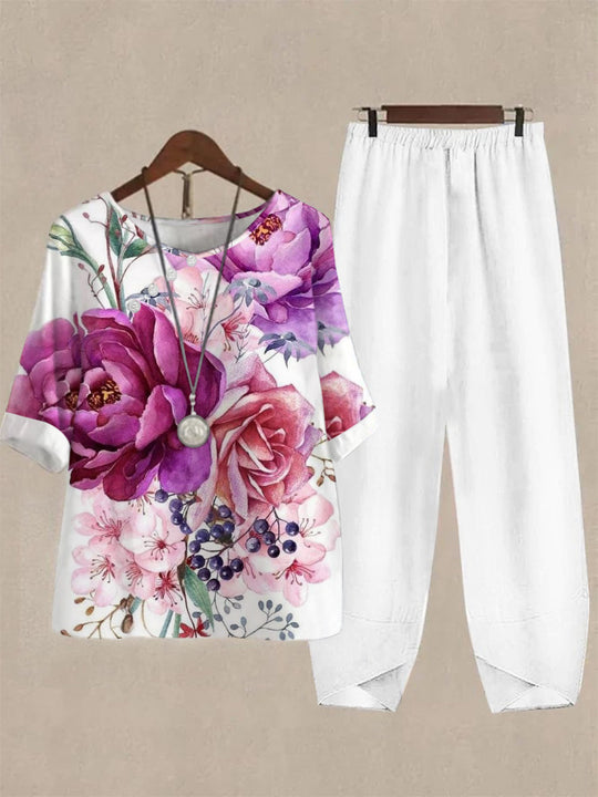 Damen Freizeit Oberteil mit floralem Muster und bequemer Hose R&B