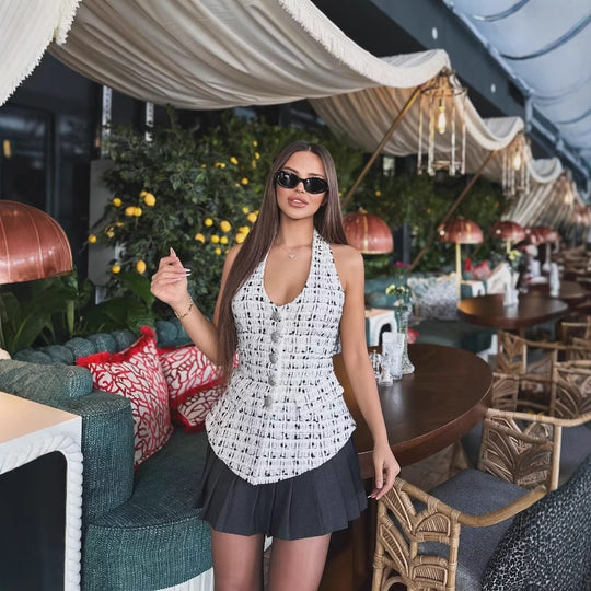 Damen Weste im karierten Design mit elegantem Stehkragen und praktischen Taschen R&B