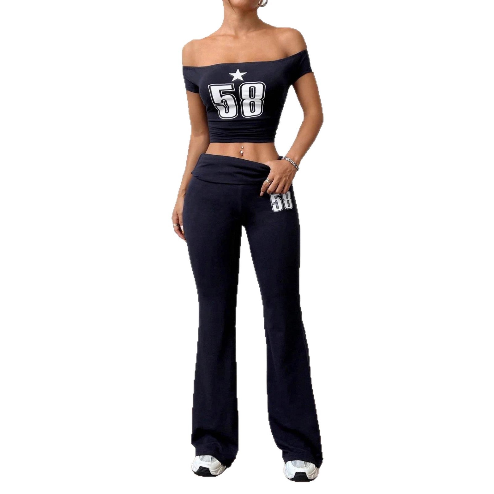 Damen Off-Shoulder Crop-Top und weite Hose Set R&B
