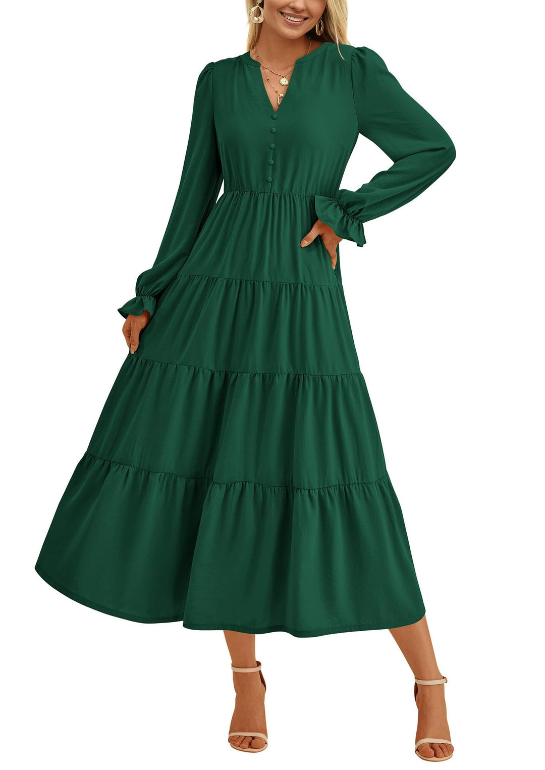 Damen Maxikleid mit romantischen Rüschendetails und elegantem V-Ausschnitt R&B