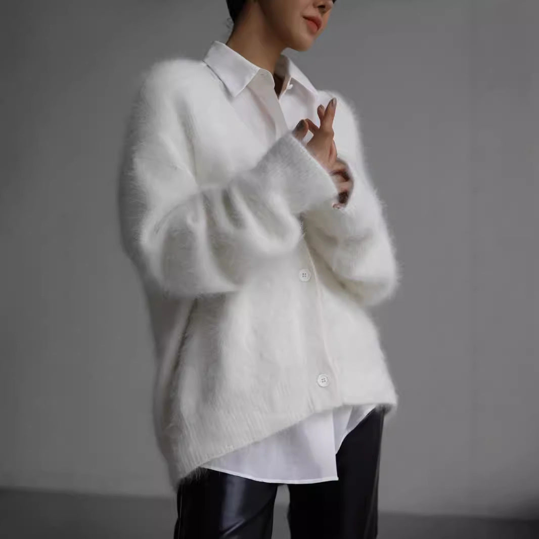 Damen weicher Strickcardigan mit luxuriösem Mohair-Anteil und lässigem Schnitt R&B