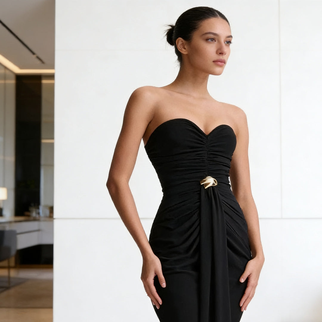 Damen Elegantes Drapeekleid mit schulterfreiem Design und kunstvollem Bund R&B