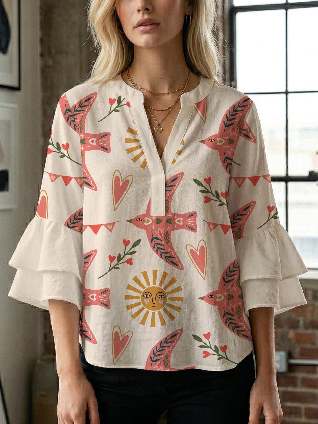 Damen Bluse mit Rüschendetails und auffälligem Animal-Print R&B