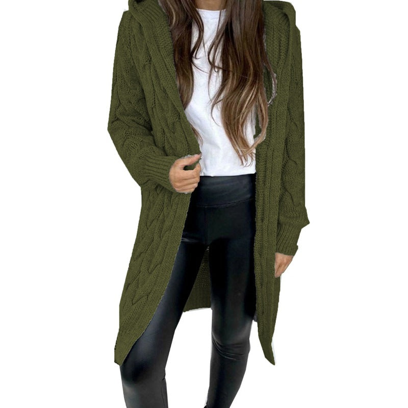 Damen lange Strickjacke mit Kapuze und Zopfmuster R&B
