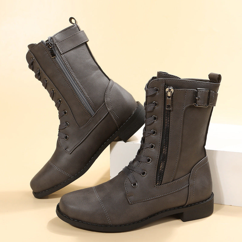 Damen nan knöchelhohe Schnür‑Combat‑Stiefelette mit seitlichem Doppelreißverschluss und verstellbarem Schnallenriemen R&B