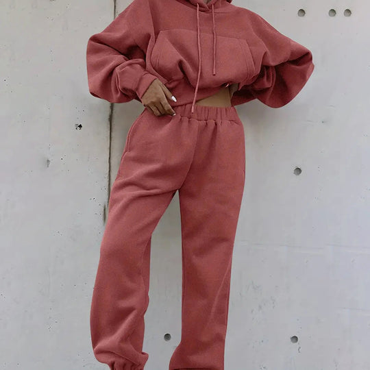 Damen bequeme Loungewear-Kombination mit Kapuze und elastischem Bund R&B