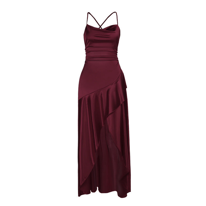 Damen luxuriöses Satin-Maxikleid mit asymmetrischem Schnitt R&B
