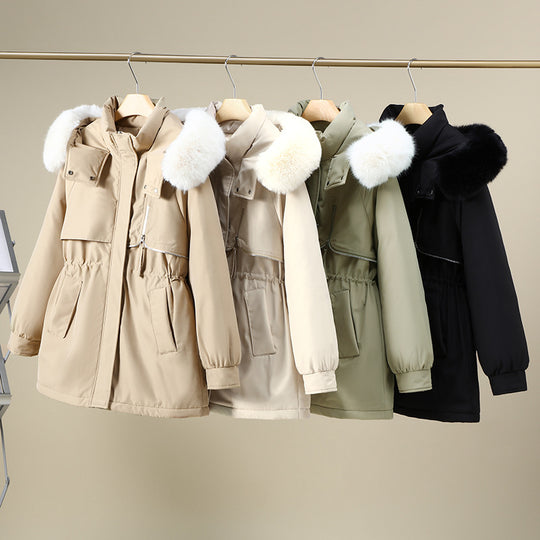 Damen funktionale Winterjacke mit abnehmbarer Kapuze und Kunstfellbesatz R&B