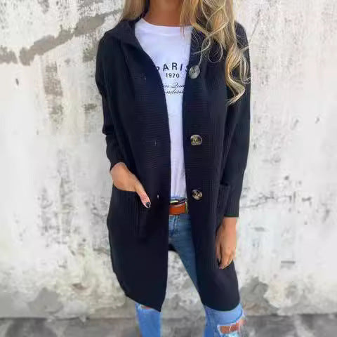 Damen Strickmantel mit Kapuze und Knopfleiste